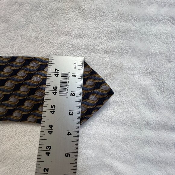 Guy Laroche Men’s Silk Necktie Blue Gold Geometric Wave Pattern Formal Business - Picture 4 of 4